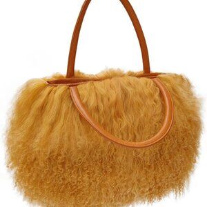 Women Luxury Real Lamb/Mongolian Flush Wool Fur With Genuine Leather Handles Han